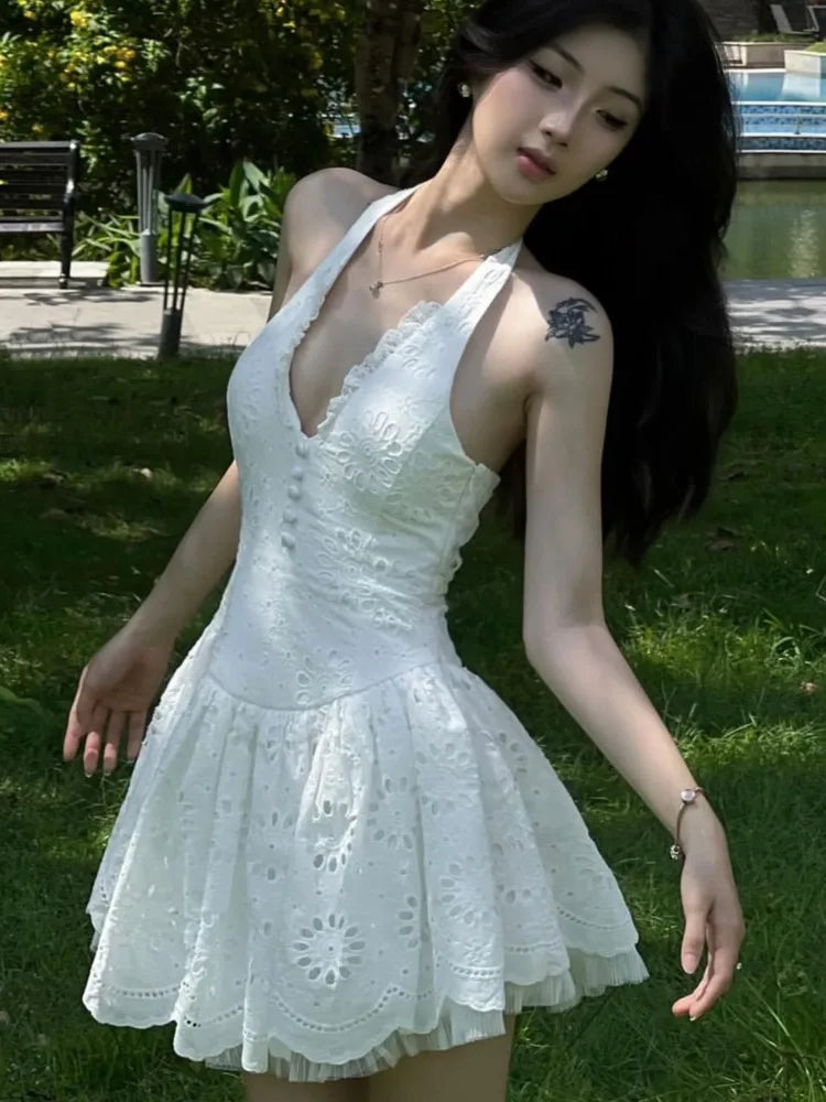 White Lace Embroidery Halter Neck Dress 2025 New Summer Sleeveless Backless Sexy A-Line Dresses Women Slim Party Dress voguable