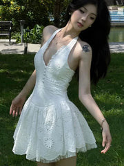 White Lace Embroidery Halter Neck Dress 2025 New Summer Sleeveless Backless Sexy A-Line Dresses Women Slim Party Dress voguable