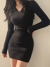 Voguable Casual Women Sweater Dress Fall V Neck Pullover Knitted Mini Dress Long Sleeve Elastic High Waist Female Jumper Dress voguable