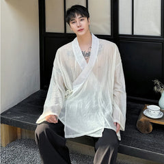 Voguable Drawstring Translucent Design Street Long Sleeve Shirt 2024 Men Stylish Original Elegant Trendy Tops voguable