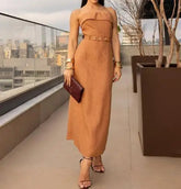 Voguable Autumn New Women's Fashionable and Sexy Solid Color Sleeveless Button Belt Open Back Split Dress voguable
