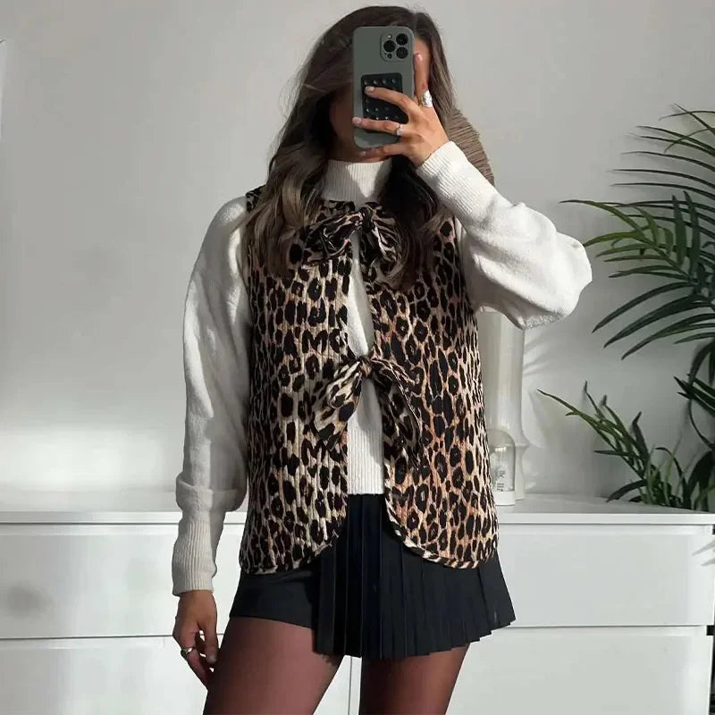 Leopard Waistcoat y2k Clothes Women Round Neck Sleeveless Tie Up Cardigan Tops 2000s Aesthetic Clothing Streetwear voguable