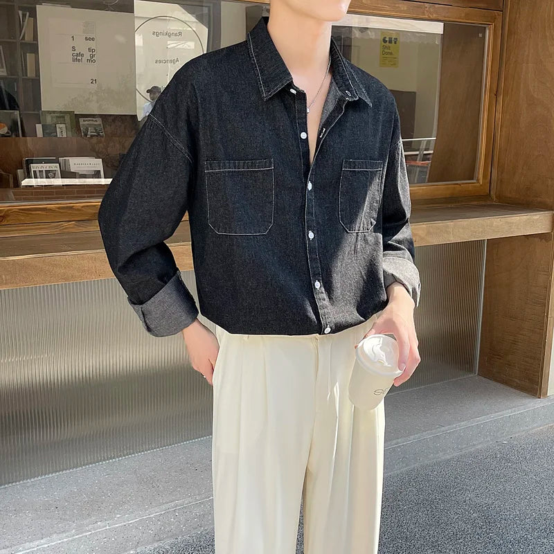 Voguable Spring Blue Black Denim Shirt Men Fashion Pocket Casual Shirts Mens Streetwear Korean Loose Long-sleeved Shirt Men M-2XL voguable