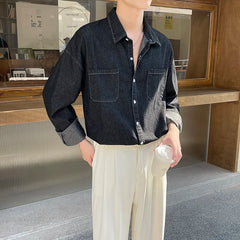 Voguable Spring Blue Black Denim Shirt Men Fashion Pocket Casual Shirts Mens Streetwear Korean Loose Long-sleeved Shirt Men M-2XL voguable