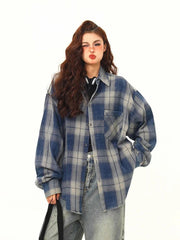 Streetwear American Plaid Shirt Women Oversize Loose Vintage Long Sleeve Blouse Hip Hop Casual Retro Harajuku Bf Pockets Tops voguable