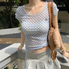 Women Sweet Plaid Skinny Short Sleeve Cherry Embroidery Mesh Slim Crop Top Korean Style Ruffle Edge Transparent Casual T-Shirts voguable