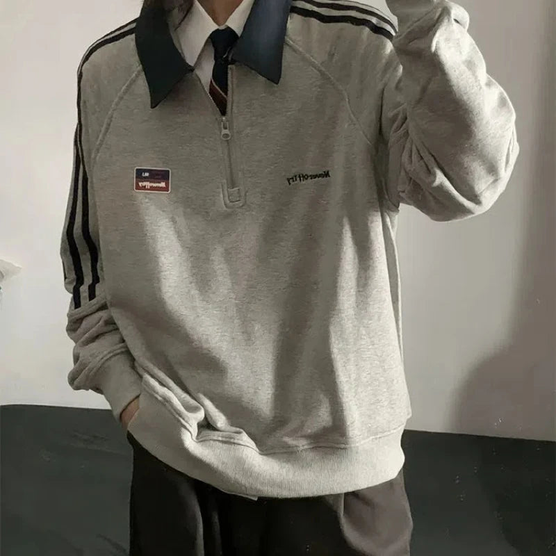 American Style Vintage Autumn Winter Sweatshirts Women Lapel Patchwork Half Zipper Label Preppy Style Long Sleeve Loose Hoodies voguable