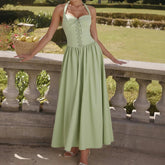 Women's 2025 Summer Dresses Chic Spaghetti Straps Wrap Lace-Up Sleeveless Halter Neck Midi Length Casual Dresses voguable