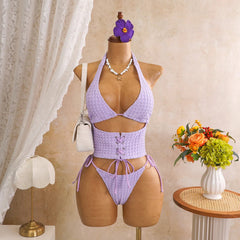 Voguable Women Solid Textured Bubble Fabric 2 Piece Bikini Set Halter Triangle Lace Up Waist Corser Side Tie Thong Swim Beach Swimwear voguable