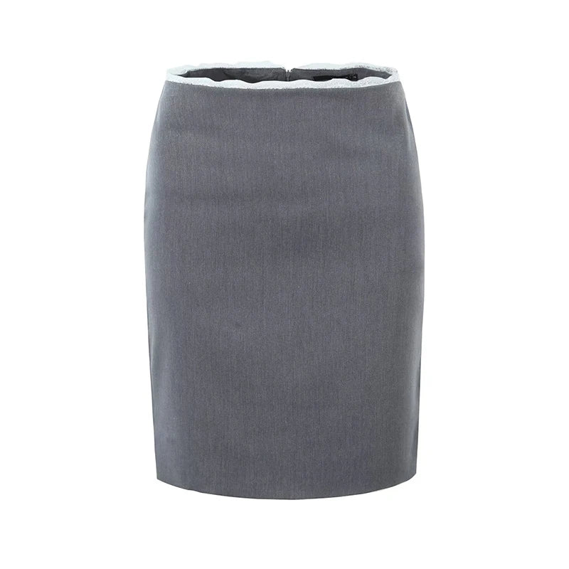 Sexy Women Lace Trim Gray Pencil Skirt Back Slit Low Waist Package Hips Knee Length Skirts