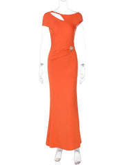 Hollow Out Backless Sexy Maxi Dress For Women Fashion Metal Buckle Solid Short Sleeve High Waist Slim Fit Long Dress voguable