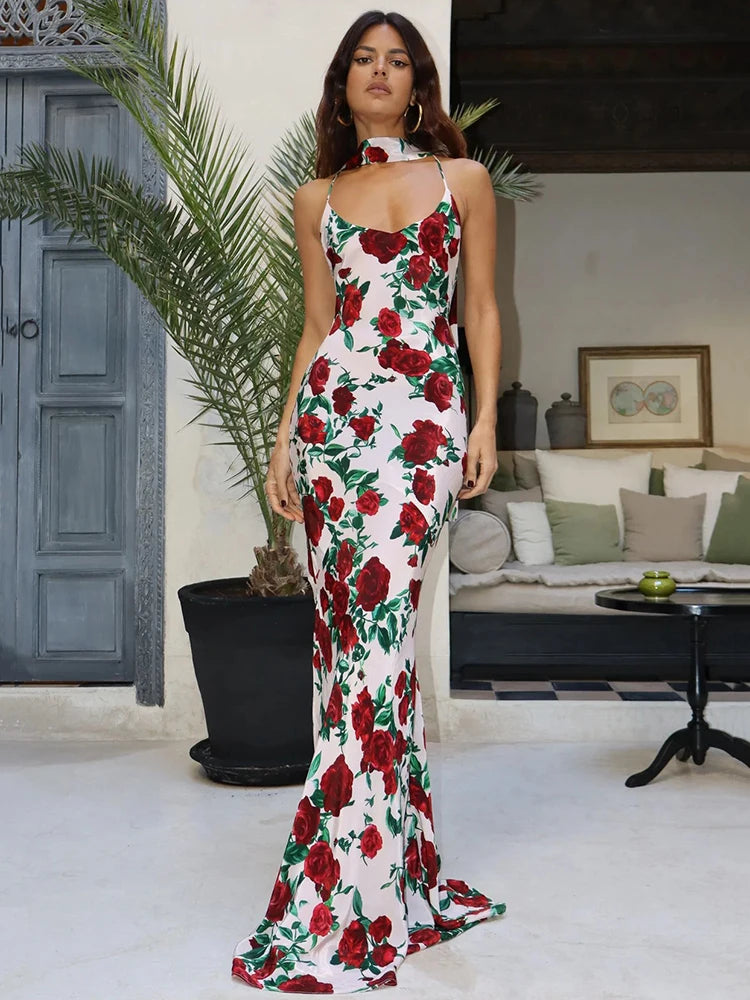 Halter Backless Print Sexy Maxi Dress For Women Gown Elegant Sleeveless High Waist Evening Club Party Long Dress voguable