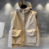 Voguable Workwear Cargo Vest Coat Couple Solid Color Hooded Outer Vest Autumn Korean Punk Pocket Hooded Jacket Unisex Loose Streetwear voguable