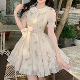 Voguable Printed Sweet Women Dress Cute Bow Peter Pan Collar Elegant Mini Dress Summer Korean Casual Lace Up Female Fashion Vestidos New voguable