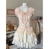 Voguable Sweet Kawaii Women Skirt 2 Piece Set Vintage Chic Printed Tops Y2K Lace Patchwork Cute Mini Skirt Summer Japanese Preppy Suit voguable