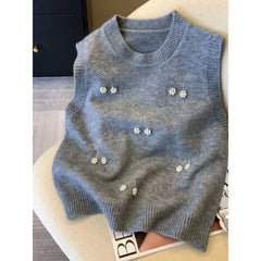 Voguable Fresh Lovely New Heavy Beading Vest Layering Knit Slim Fit Sweaters Women Clothing Trendy All-match Literary Casual Camis voguable