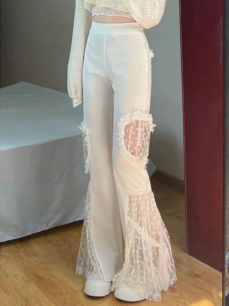 Voguable Japan Patchwork Lace Women Pants High Waist Mesh Summer White Designed Hollow Out Female Flare trousers voguable
