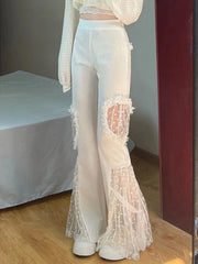 Voguable Japan Patchwork Lace Women Pants High Waist Mesh Summer White Designed Hollow Out Female Flare trousers voguable