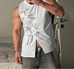 Summer Sleeveless Men Tanks Tops Bow Solid Color O Neck Tops Tee Male Vests Fashion Oversize Streetwear Slit Tops S-5XL voguable
