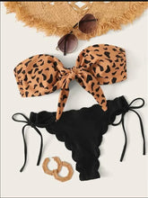Beach Bikini Woman Sexy Front Lace Up Tie Bandeau Leopard Swimsuit Female Push Up Ruffled Bow Bathing Suit Thong Swimwear