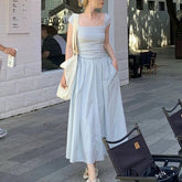 Elegant Stitching Dress Female Korean Chic Square Collar Short Sleeve Beach Party Dress Ladies High Waist All-Match A Line Dress voguable