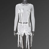 Voguable White 3D Bowknot Tassel Sexy Sheer Mesh Women Two Piece Short Sets Summer Fashion Long Sleeve Tshirt and Mini Shorts Outfit voguable