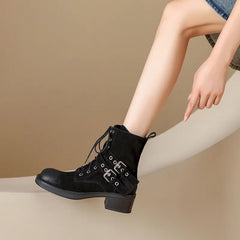 New Retro Lace-up Cow Suede Leather Women Ankle Boots Thick Heels Office Ladies Working Shoes Woman Winter Platform Shoes voguable