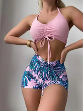 Voguable Tropical Print Drawstring Bikini Women High Waist Swimsuit Tie Front Shorts Swimwear Female Bathing Suit Swimming Summer voguable