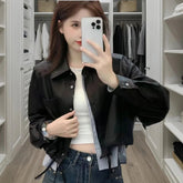 Vintage Patchwork Crop Jacket for Women Autumn Streetwear Splicing Pu Leather Outerwear Y2K Gothic Single Breasted Female Coat voguable