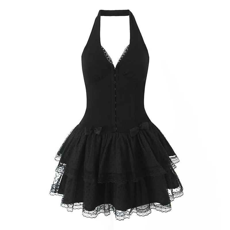 French Style Retro Spicy Girl Halter Mini Black Dress Women Fashion Backless Lace Spliced Bow Sexy Dresses Summer Robe voguable