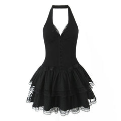 French Style Retro Spicy Girl Halter Mini Black Dress Women Fashion Backless Lace Spliced Bow Sexy Dresses Summer Robe voguable
