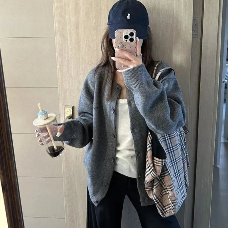 Voguable Lazy Gray Sweater Jacket Women's Autumn Winter New Loose Lazy Loose Feeling Loose Soft Waxy Knitted Cardigan voguable