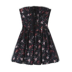 Sweet Women Lace Patchwork Floral Print Mini Strapless Dress Front Bandage Summer Holiday Party Robe Birthday Dress Sexy voguable