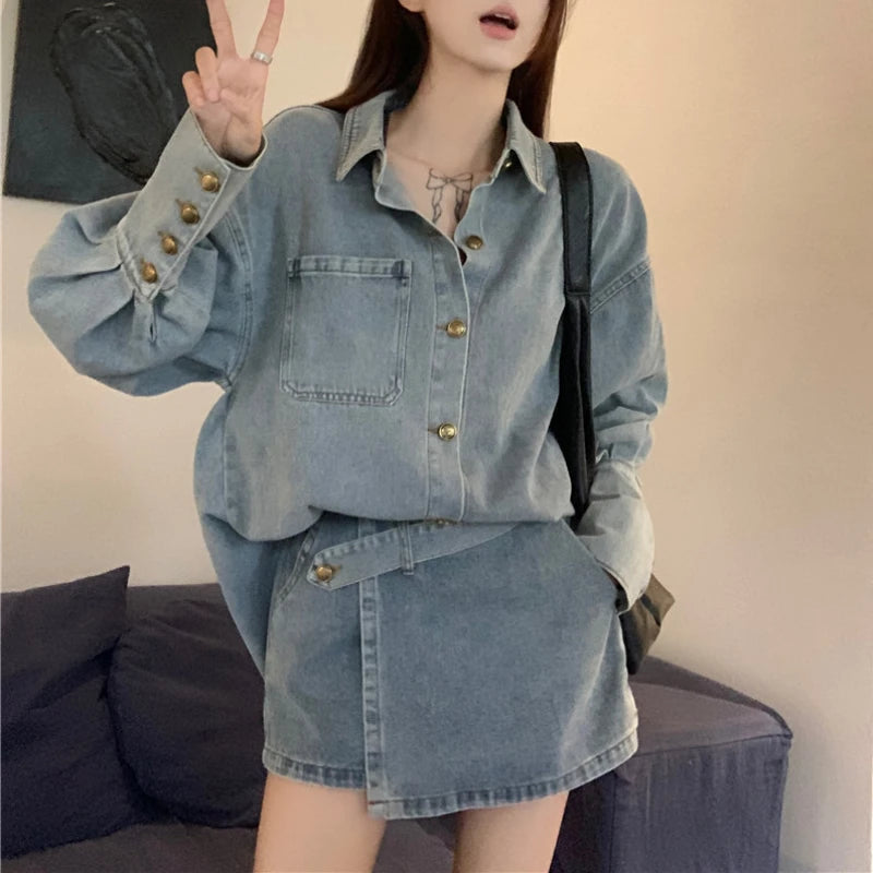 Voguable 2024 Spring New Streetwear Distressed Loose Casual Denim Long-sleeved Shirt Women + Asymmetric Sexy A-line Skirt Two-piece Suit voguable