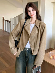 Retro Biker Faux Suede Jacket Women Fall Casual Long Sleeve Slim Short Coat Streetwear American Hip Hop Harajuku Tops New voguable