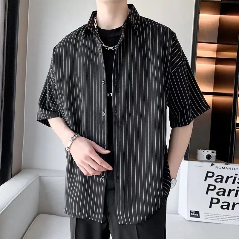 Striped Shirt men Japanese Casual Oversize Trend Black Unisex gothic Short Sleeved Blouses gotmes-shop