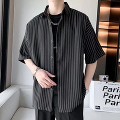 Striped Shirt men Japanese Casual Oversize Trend Black Unisex gothic Short Sleeved Blouses gotmes-shop
