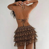 Voguable Women Classic Leopard Print 3 Piece Bikini Set Halter Triangle Top Side Tie Bikinis Tiered Ruffle Mesh Wrap Skirt Beach Swimwear voguable