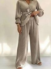 Voguable 2-piece overlapping V-neck lantern sleeve lace up waist ruffled top and elastic waist wide leg pants set retro commuting set voguable