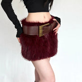 Voguable Red Sexy Faux Fur Skirts Womens Autumn Winter Fashion Slim High Waisted Elastic Furry Mini Y2K Skirt Belts Female Young voguable