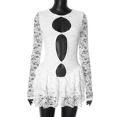 Voguable Sexy Hollow Out Retro Black Lace Dress Women Summer Fashion O-Neck Long Sleeve Party Club Ruffles Skirt Dresses Ball Gowns voguable