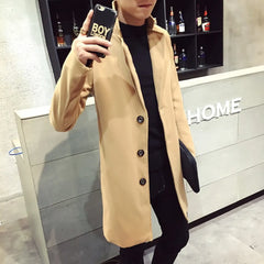 2023 Men Wool Blend Coat Autumn Winter New Casual Long Windbreaker Jacket Male Solid Color Single Breasted Trench Coat Jacket voguable