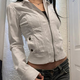 Patchwork Zip-up Cropped Jacket y2k Streetwear Full Sleeve Turtleneck Pockets Coat for Women Vintage 2000s Clothing Basic voguable