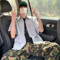 Summer Short Sleeved Shirt Men Blue Black Casual Shirt Man Streetwear Korean Loose Zipper Shirt Mens Fashion Shirts M-3XL voguable