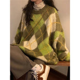 Voguable Lazy Style Retro Print Grid Soft Sticky Thick Sweater Women Round Neck Student Autumn Winter Korean Loose Patchwork Knit Tops voguable