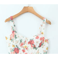 Sexy Elegant Women Lace Trim Floral Print A-line Midi Summer Dress Holiday Party Robe Cotton