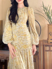 Voguable Elegant Printed Dress for Women O Neck Long Puff Sleeve High Waisted Midi Dresses Fashion Casual Chic Chiffon Dress voguable