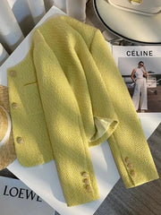Yellow Sweet Tweed Jacket Women Elegant Retro Slim Long Sleeve Short Coat Korean O Neck Casual Fall Female Vintage Outwear voguable