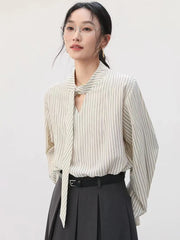 Elegant Lace Up Striped Blouse Women Fall Chic Hollow Out Long Sleeve Sweet Shirt Korean High Quality Loose Fashion New Top voguable