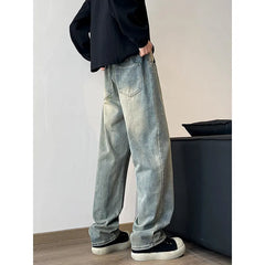 Men's Jeans Elastic waist pull rope Korean Fashion Spring Straight Denim Pants Washed Cotton Retro Wide Leg Jean Trousers